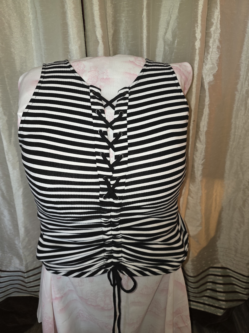 torrid Black & White Striped Lace-Up Ribbed Tank